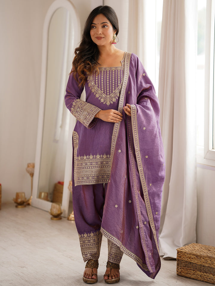 Stunning Lavender Embroidered Silk Function Wear Salwar Kameez With Dupatta