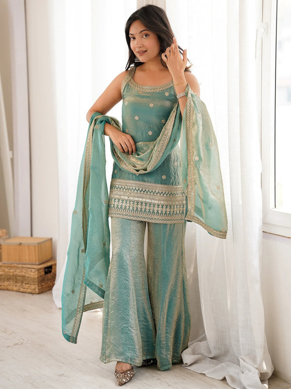 Marvelous Sea Green Embroidered Silk Palazzo Suit With Dupatta