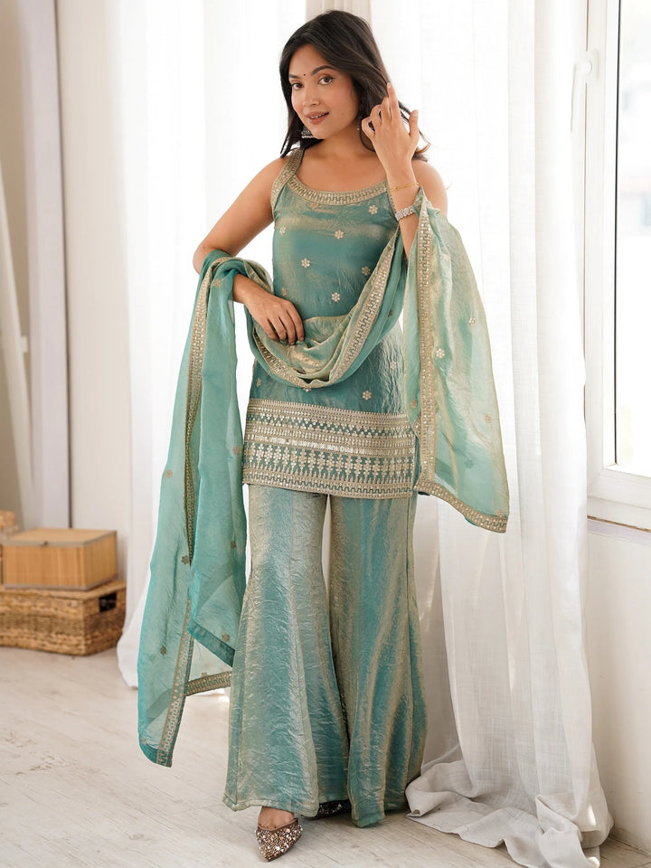 Marvelous Sea Green Embroidered Silk Palazzo Suit With Dupatta