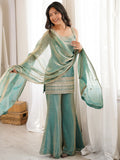 Marvelous Sea Green Embroidered Silk Palazzo Suit With Dupatta