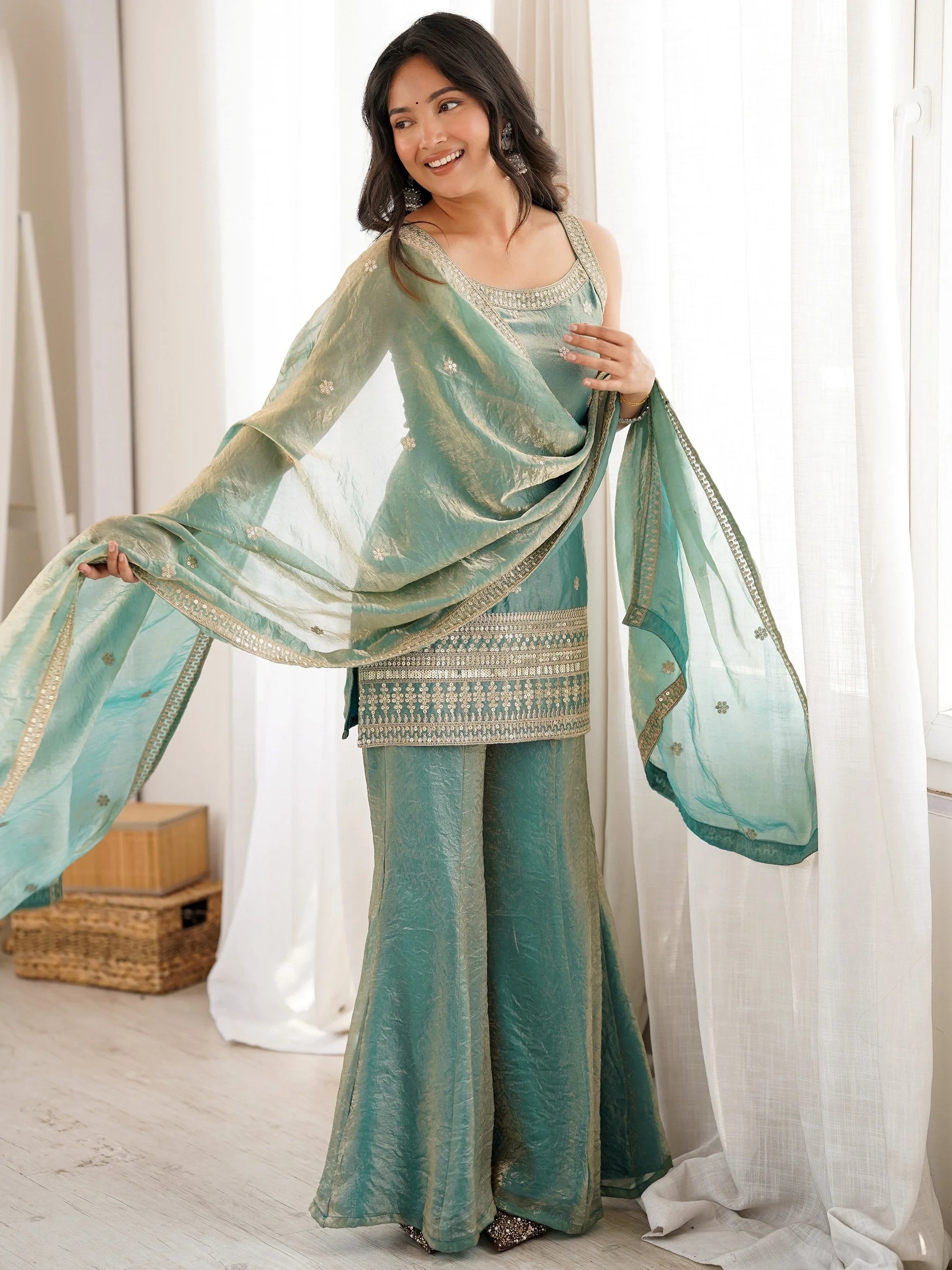 Marvelous Sea Green Embroidered Silk Palazzo Suit With Dupatta