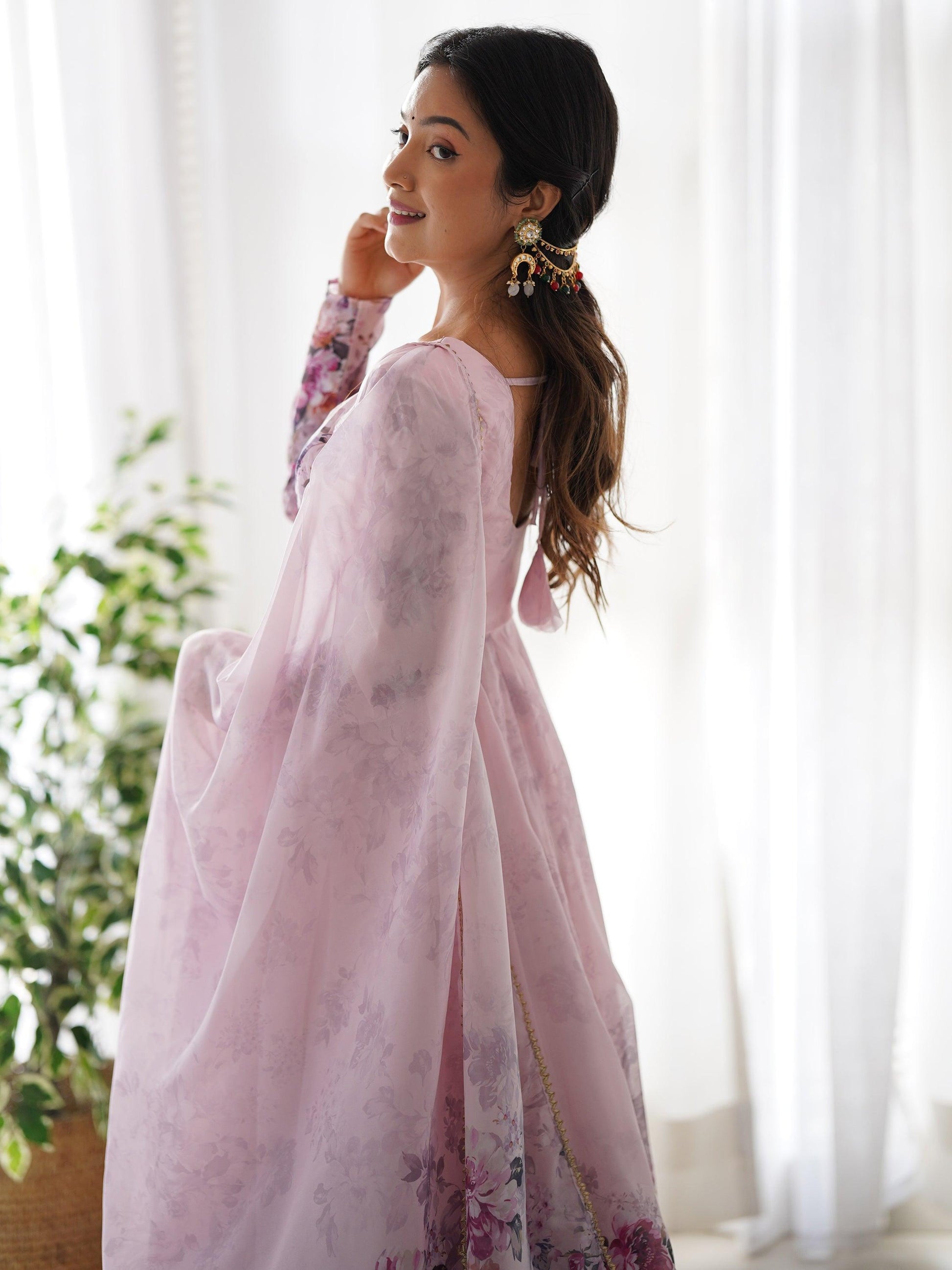 Fascinating Pink Floral Printed Organza Anarkali Suit With Dupatta