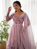 Fascinating Pink Floral Printed Organza Anarkali Suit With Dupatta