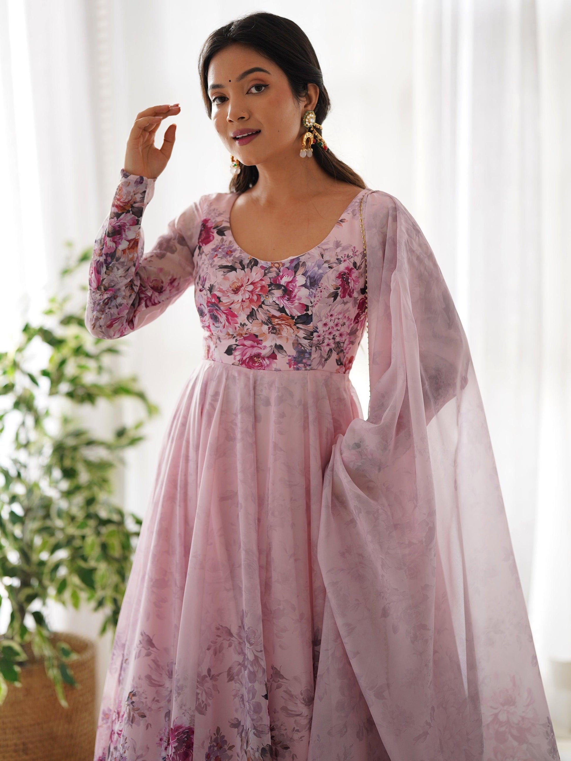 Fascinating Pink Floral Printed Organza Anarkali Suit With Dupatta