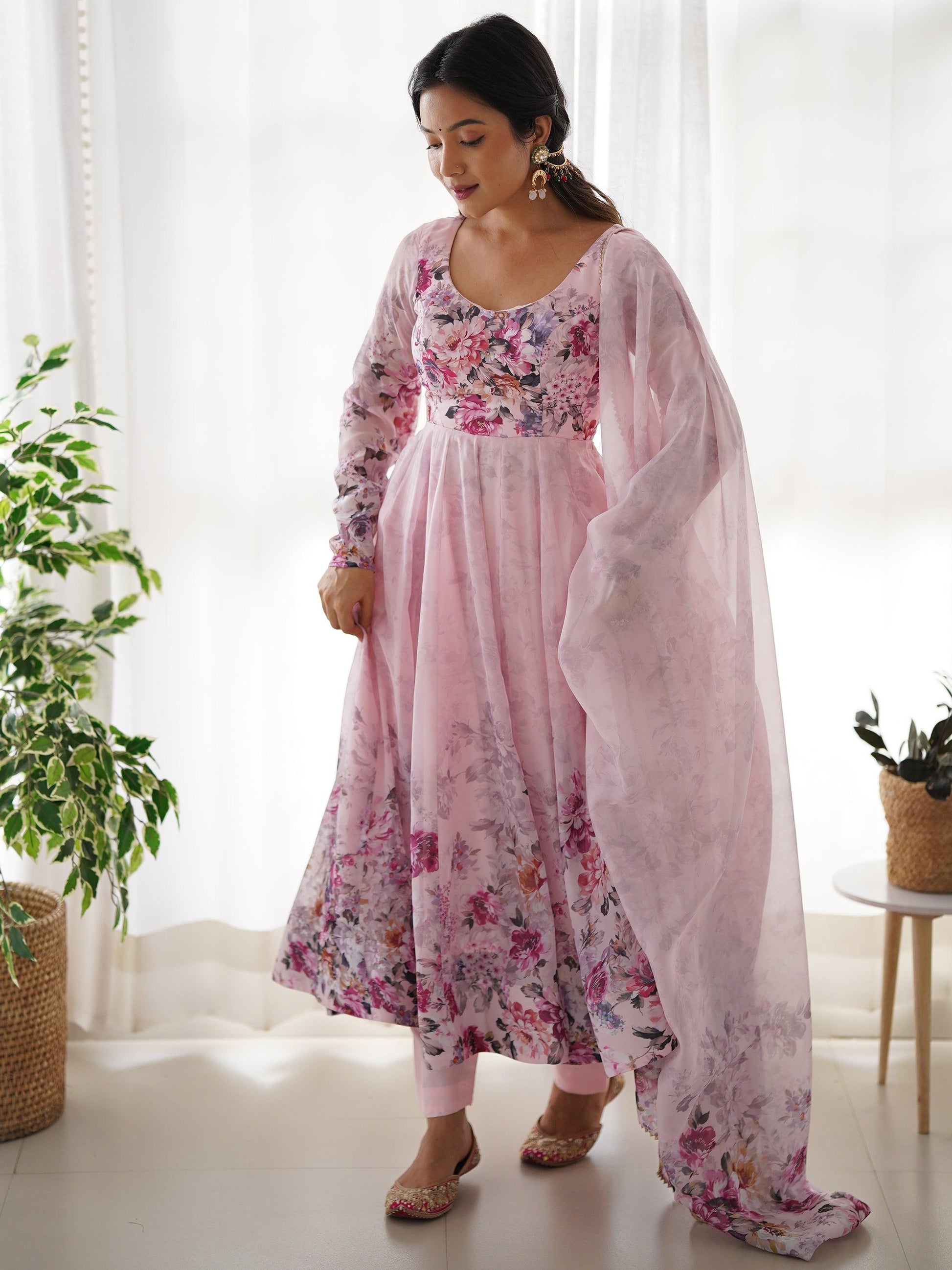 Fascinating Pink Floral Printed Organza Anarkali Suit With Dupatta