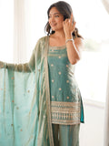 Marvelous Sea Green Embroidered Silk Palazzo Suit With Dupatta