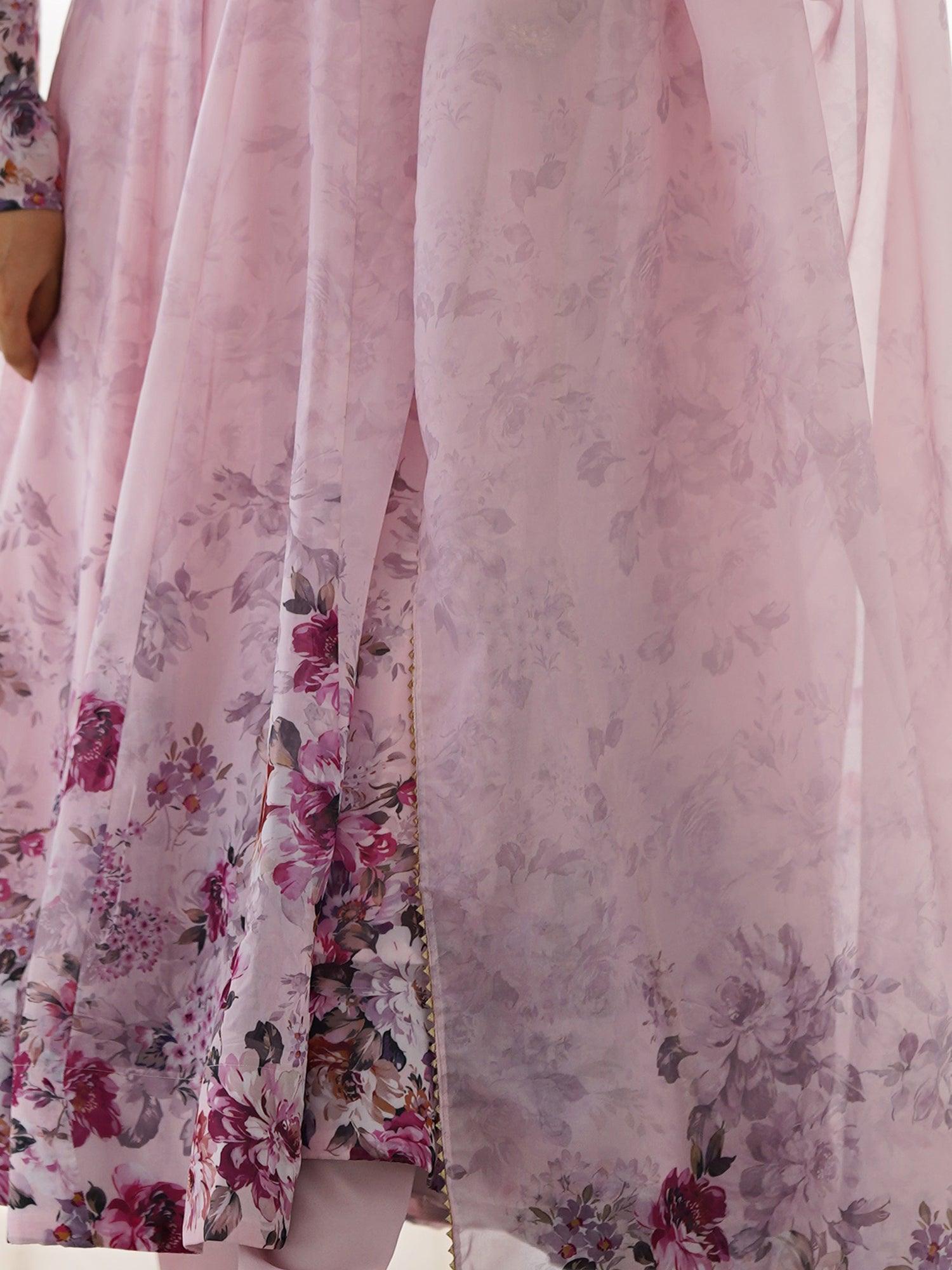 Fascinating Pink Floral Printed Organza Anarkali Suit With Dupatta