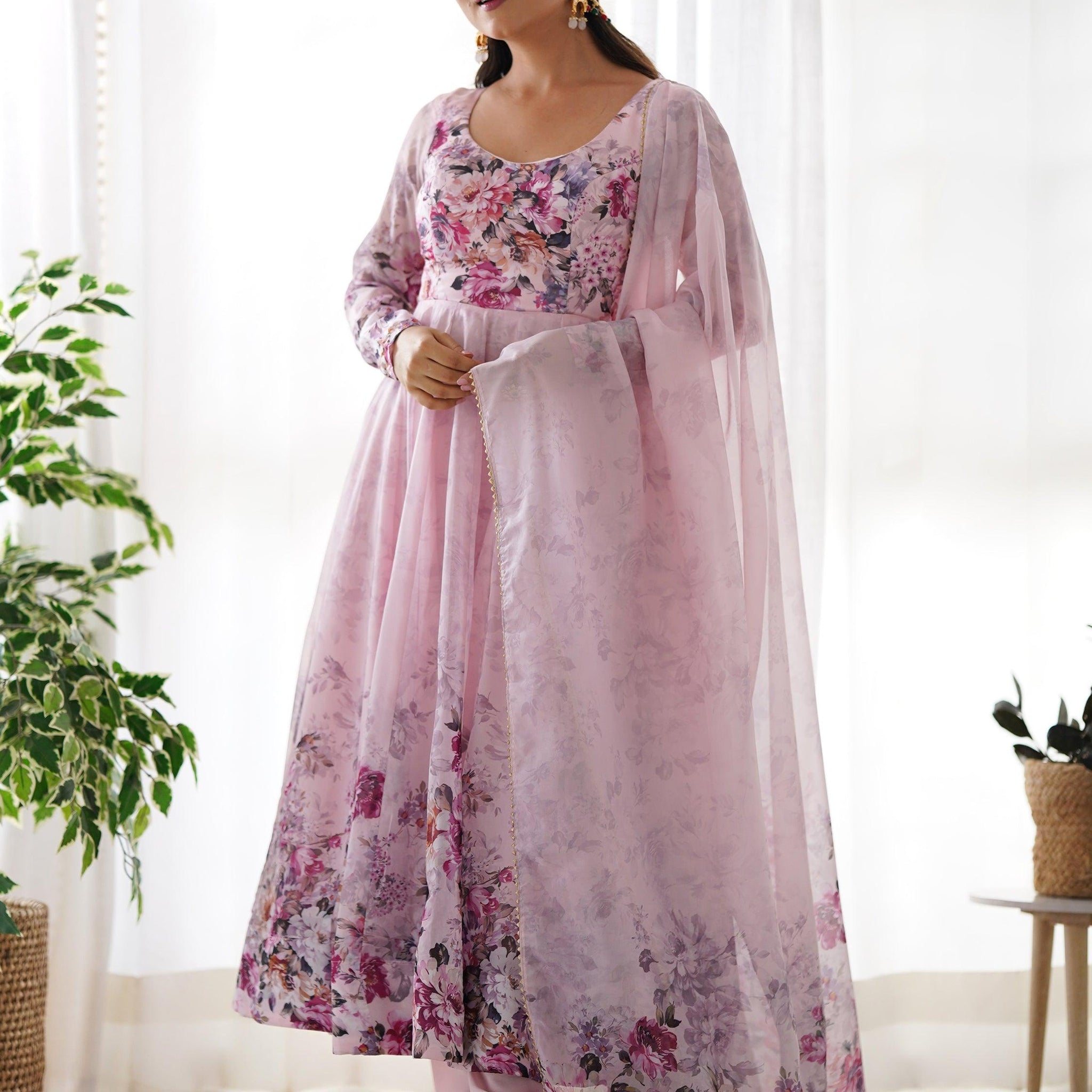 Fascinating Pink Floral Printed Organza Anarkali Suit With Dupatta