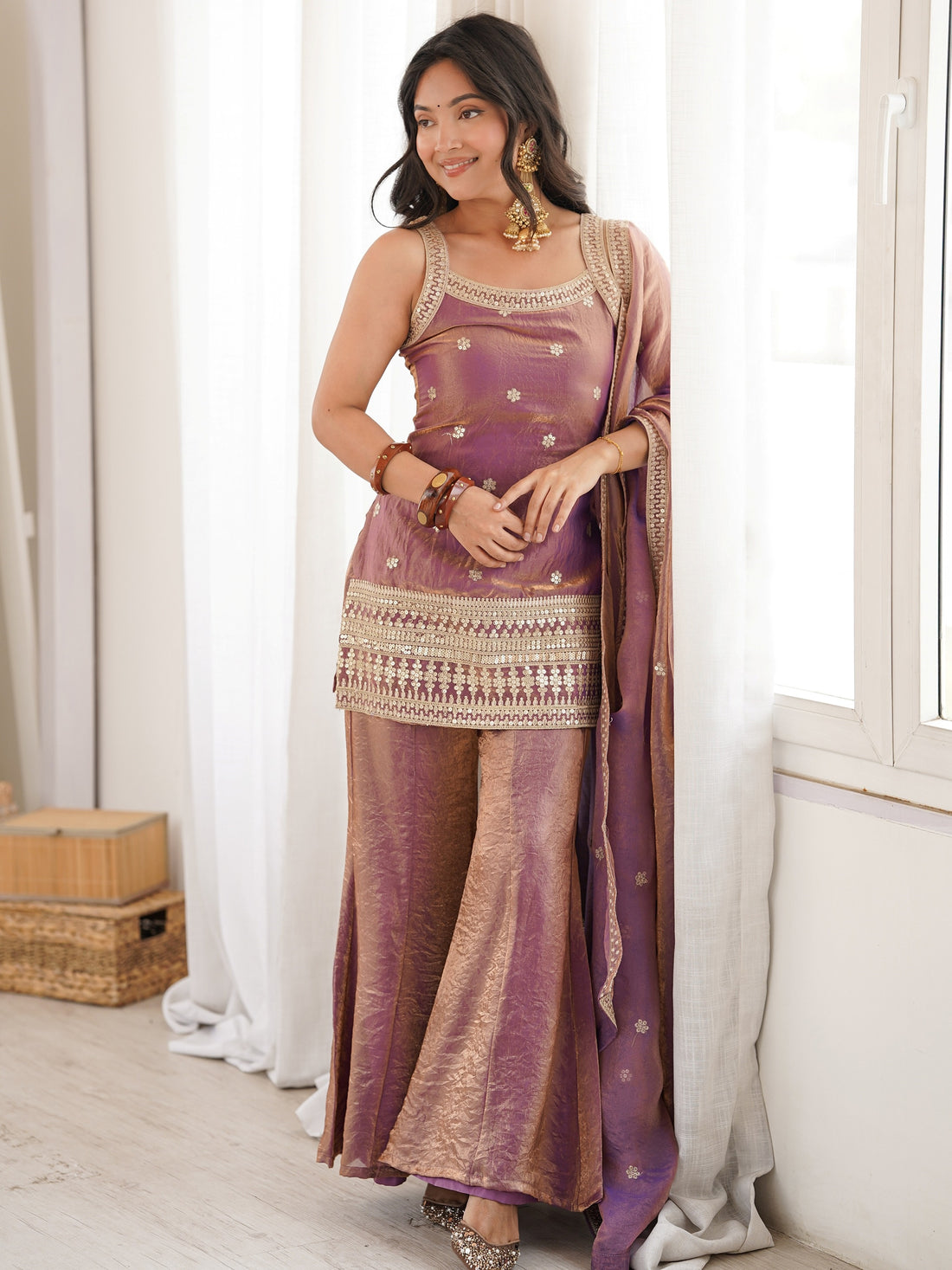 Incredible Lavender Sequin Work Silk  Palazzo Suit With Dupatta