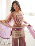 Incredible Lavender Sequin Work Silk  Palazzo Suit With Dupatta