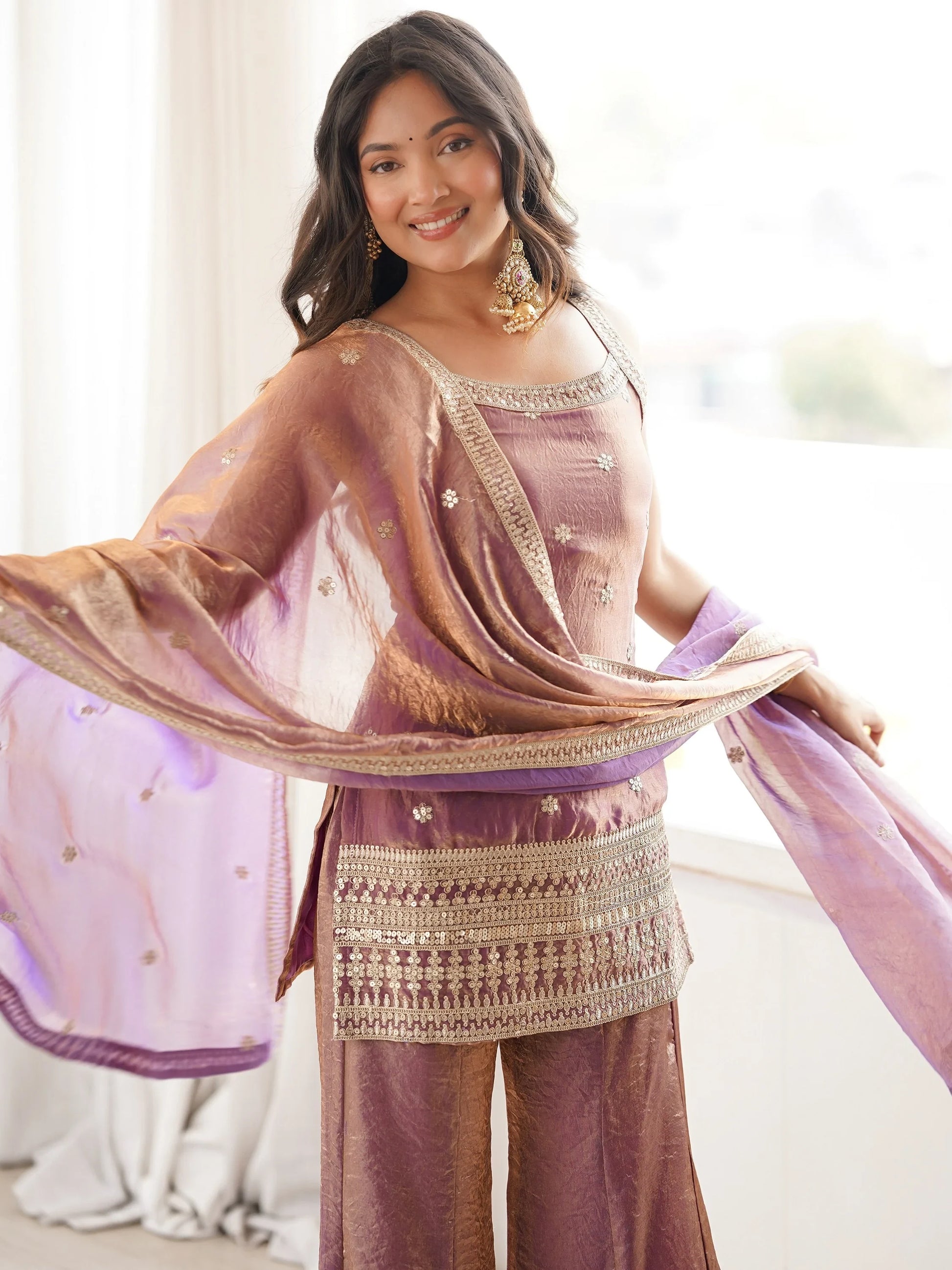 Incredible Lavender Sequin Work Silk  Palazzo Suit With Dupatta