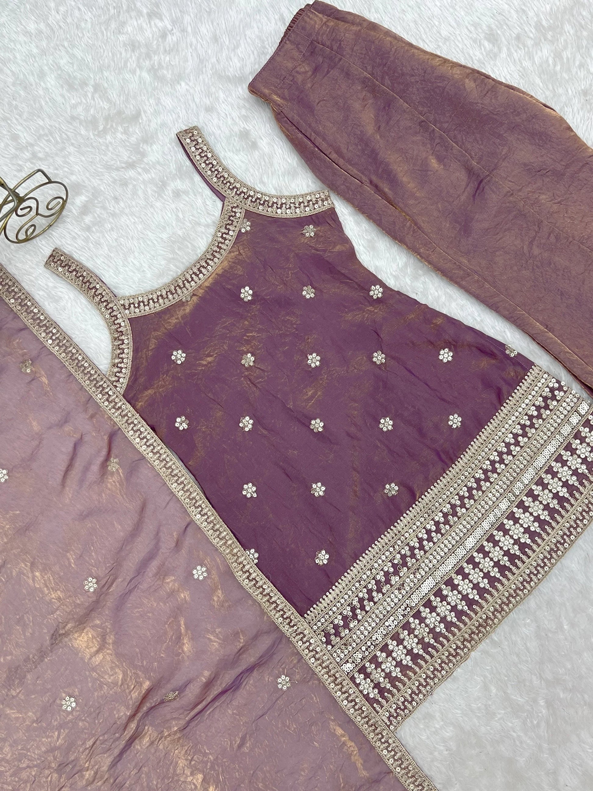 Incredible Lavender Sequin Work Silk  Palazzo Suit With Dupatta