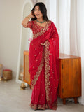 Regal Red Thread Embroidered Silk Wedding Wear Saree