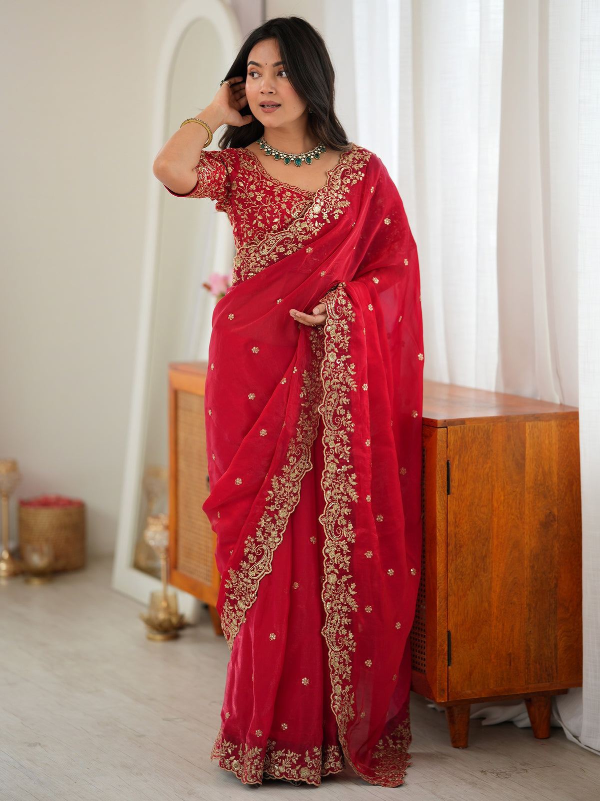 Regal Red Thread Embroidered Silk Wedding Wear Saree