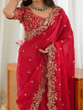 Regal Red Thread Embroidered Silk Wedding Wear Saree