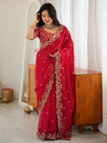Regal Red Thread Embroidered Silk Wedding Wear Saree