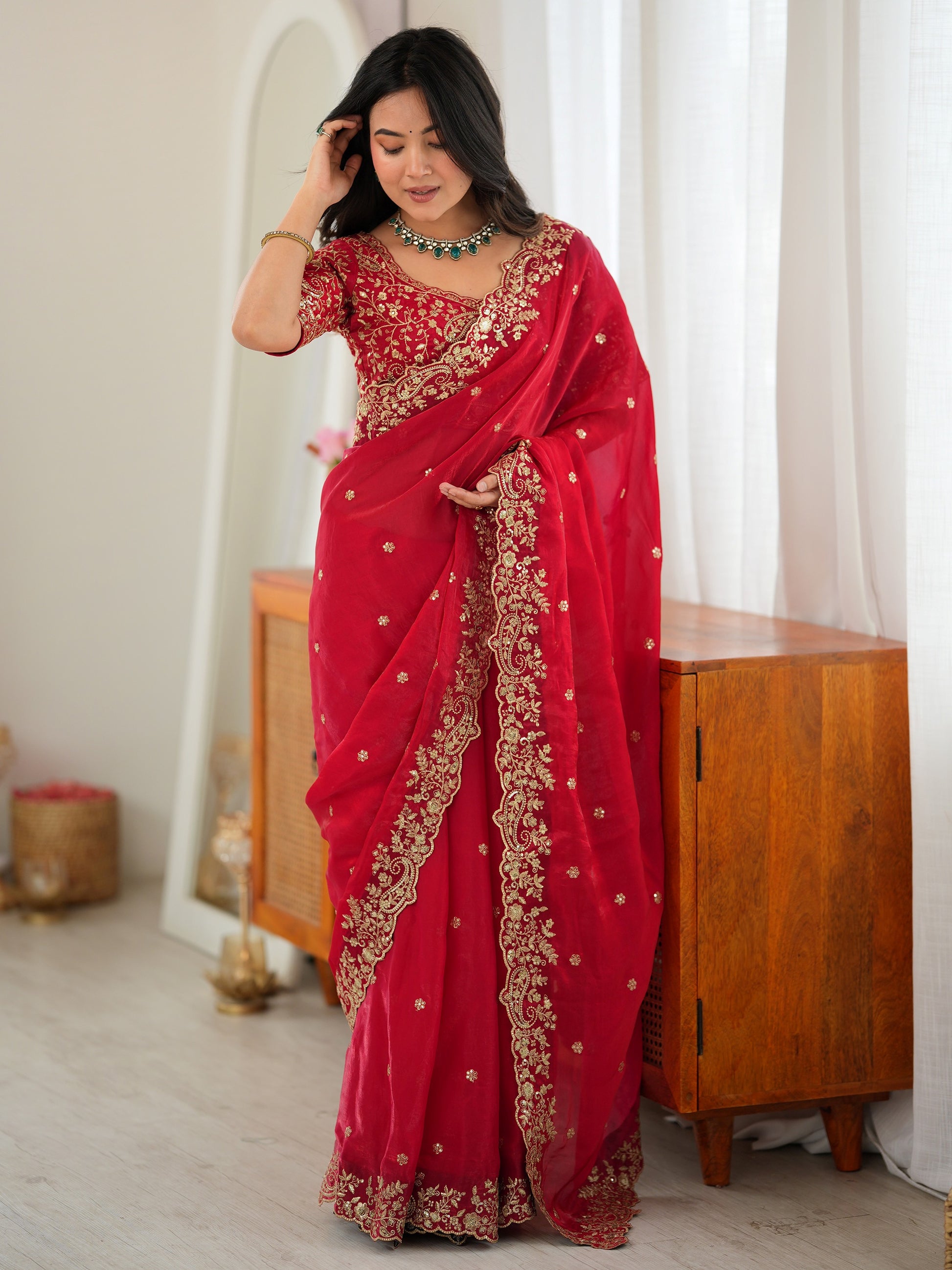 Regal Red Thread Embroidered Silk Wedding Wear Saree