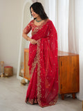Regal Red Thread Embroidered Silk Wedding Wear Saree