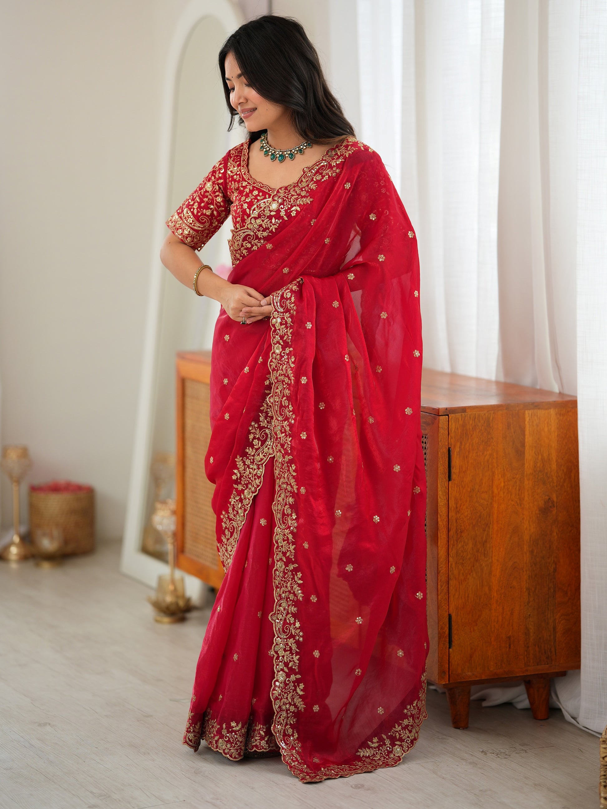 Regal Red Thread Embroidered Silk Wedding Wear Saree