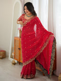 Regal Red Thread Embroidered Silk Wedding Wear Saree