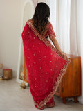 Regal Red Thread Embroidered Silk Wedding Wear Saree