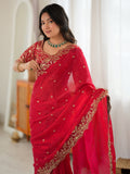 Regal Red Thread Embroidered Silk Wedding Wear Saree