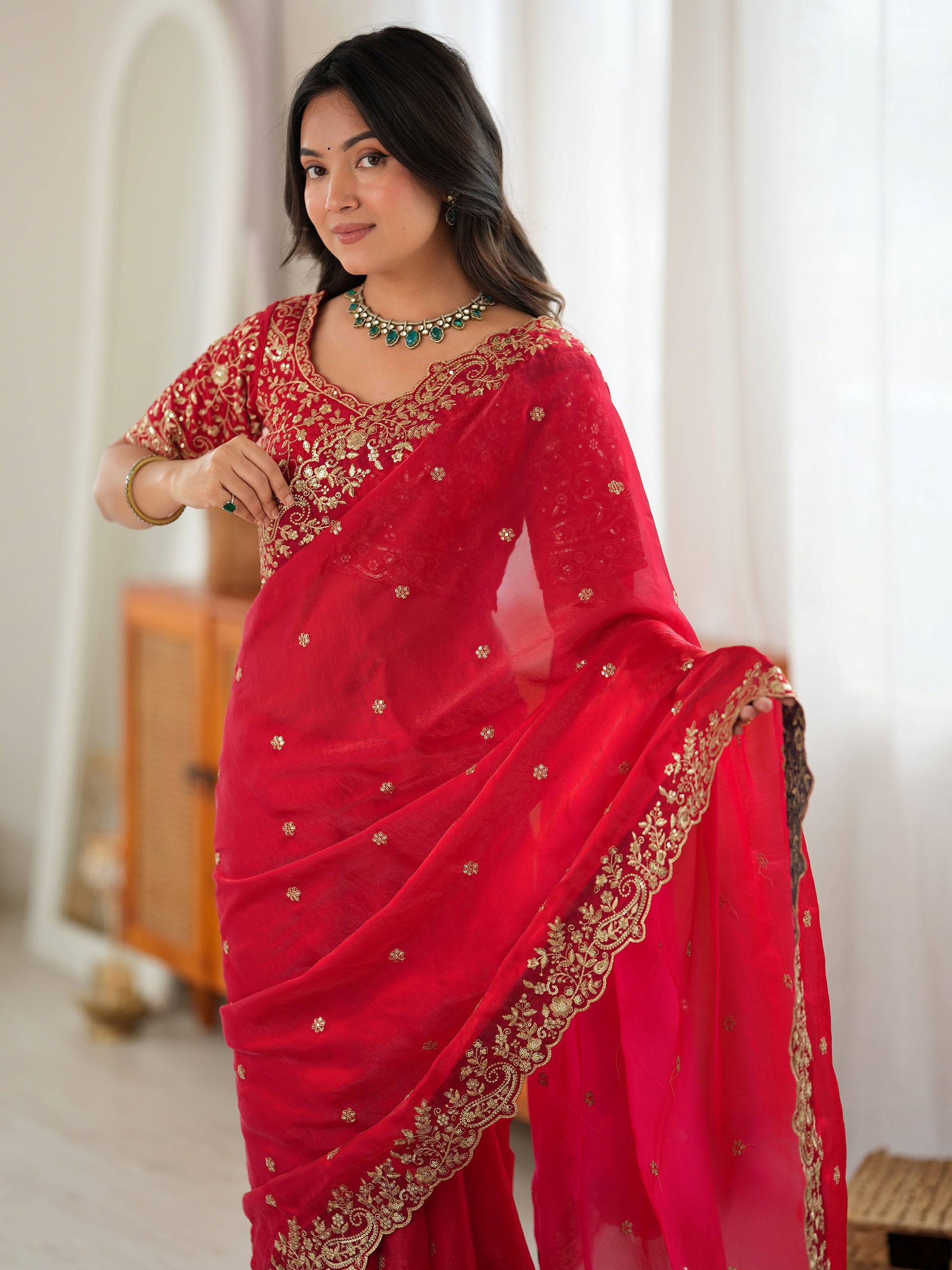 Regal Red Thread Embroidered Silk Wedding Wear Saree