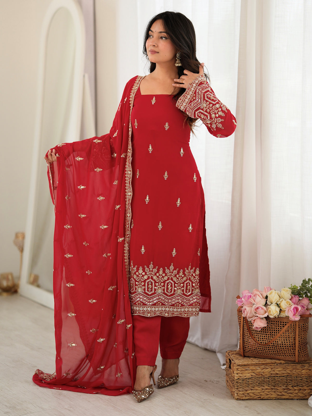 Gorgeous Red Beads Work Georgette Wedding Wear Salwar Kameez