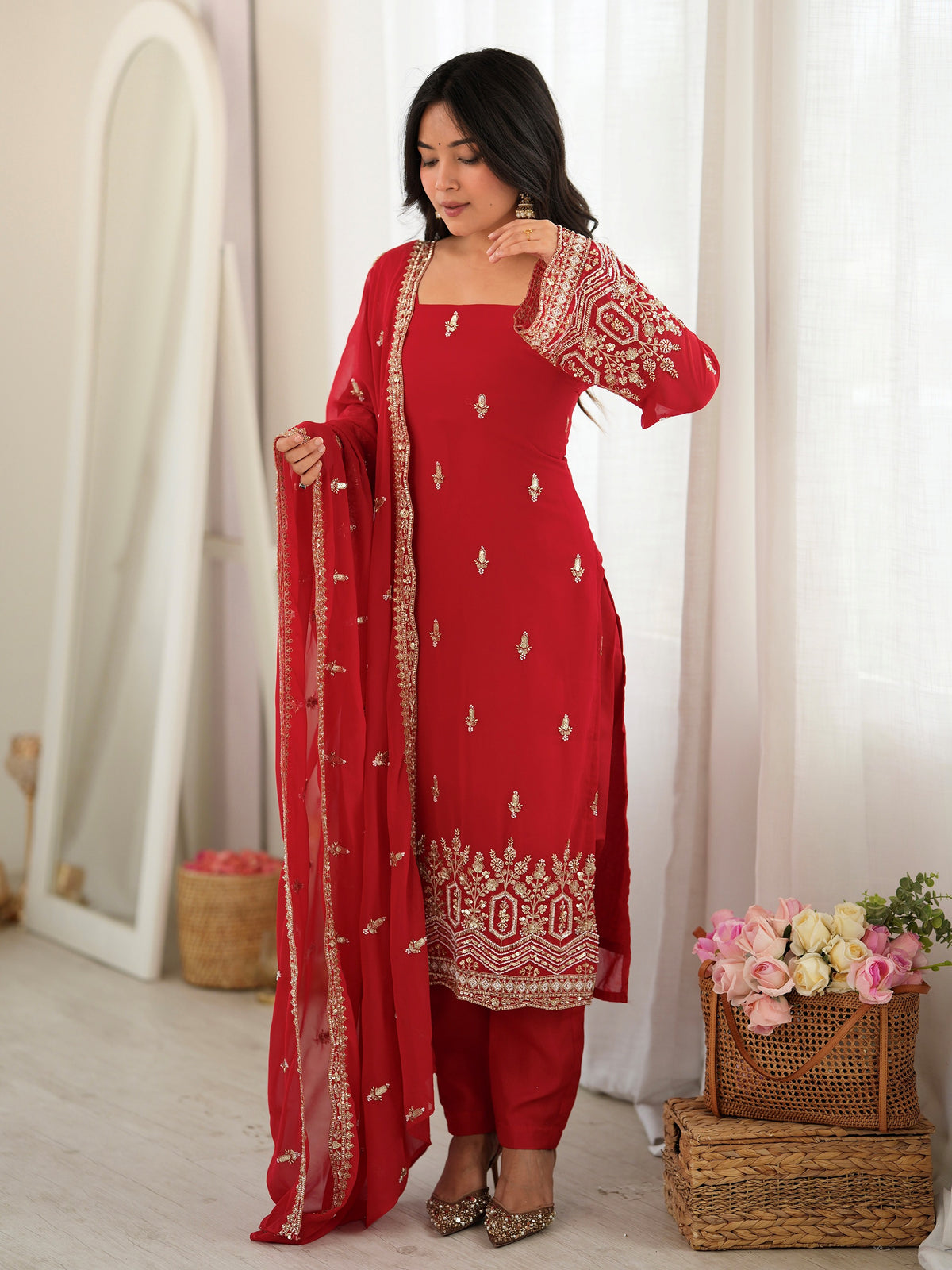 Gorgeous Red Beads Work Georgette Wedding Wear Salwar Kameez