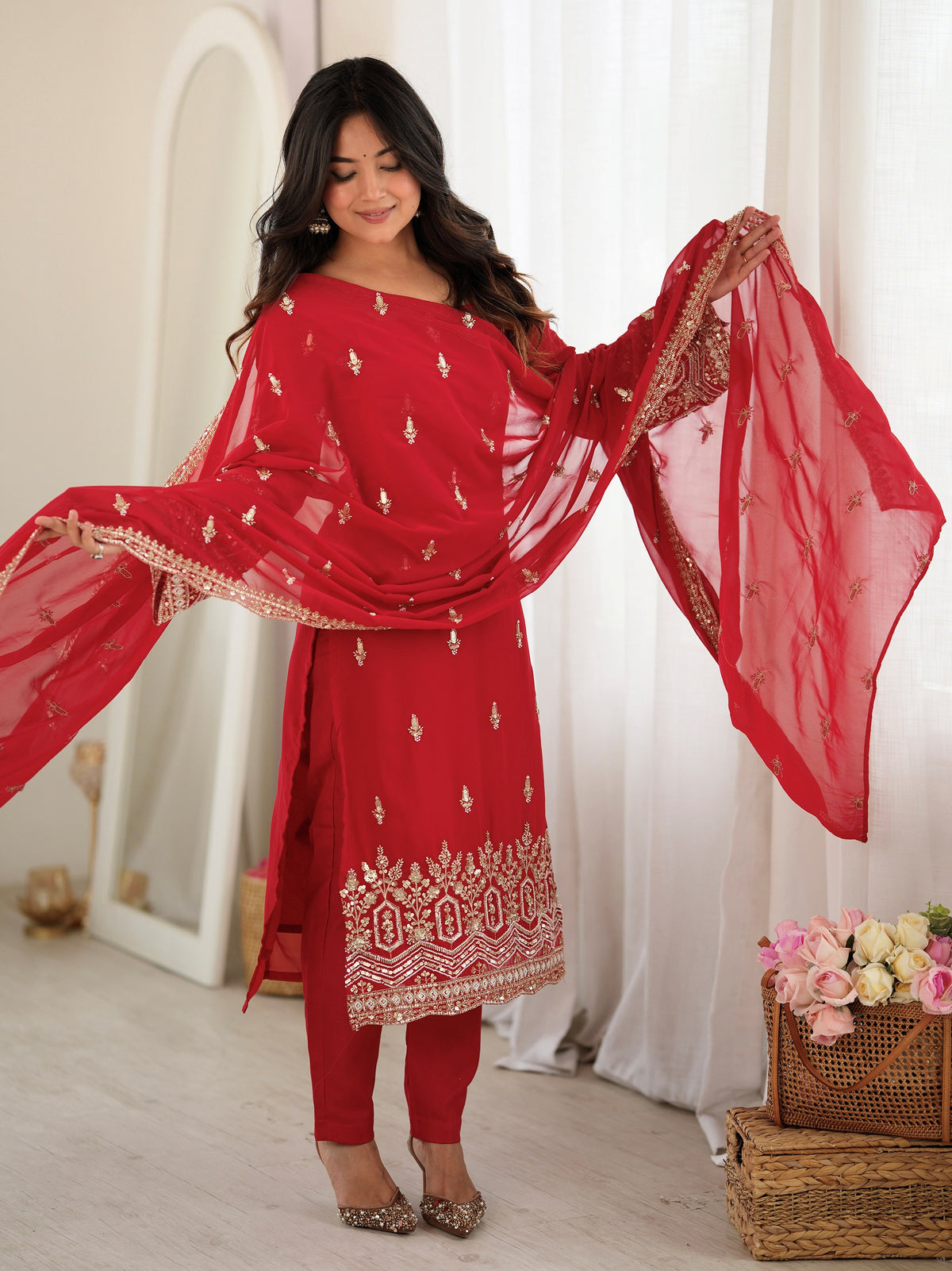 Gorgeous Red Beads Work Georgette Wedding Wear Salwar Kameez