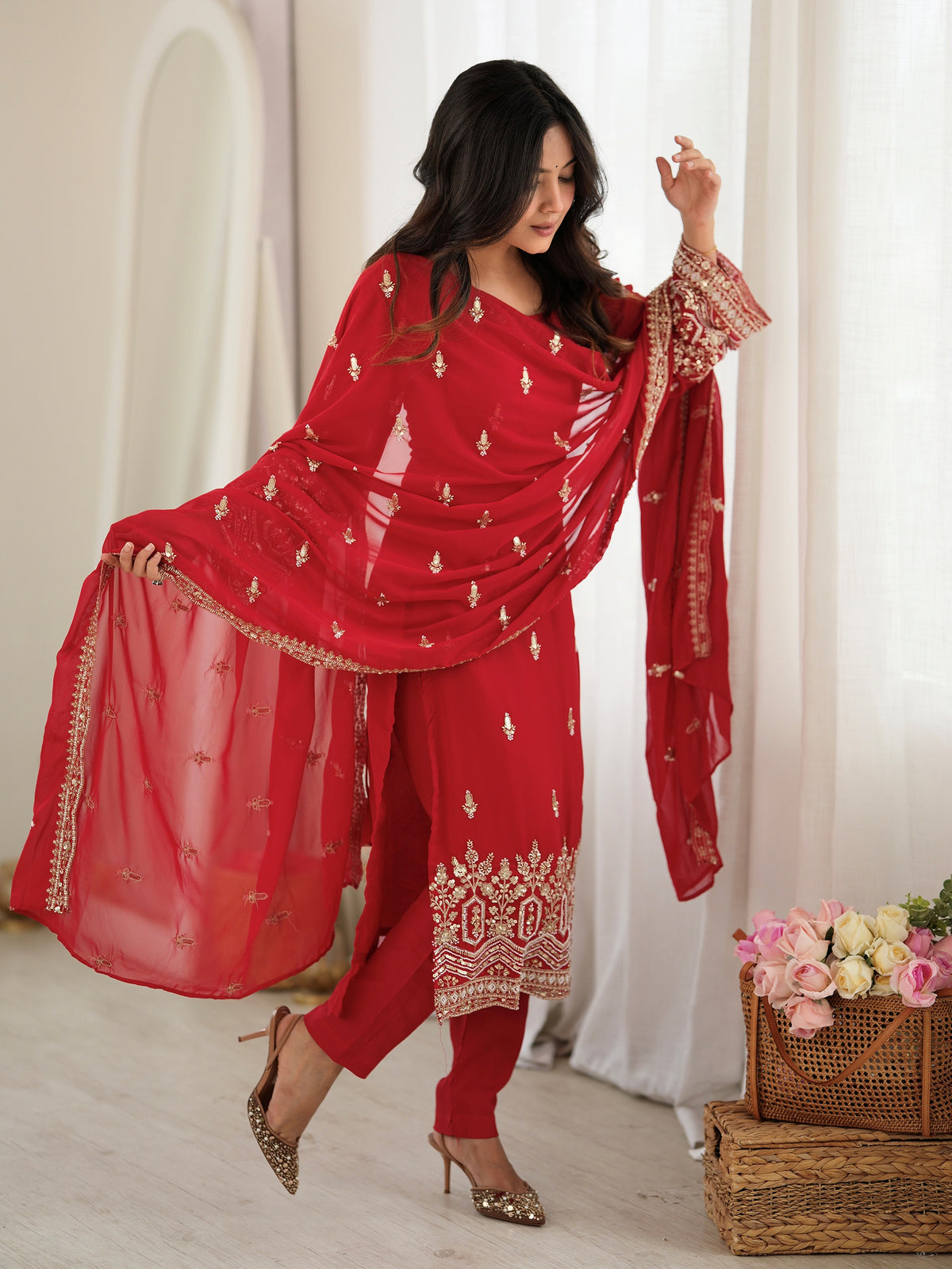 Gorgeous Red Beads Work Georgette Wedding Wear Salwar Kameez