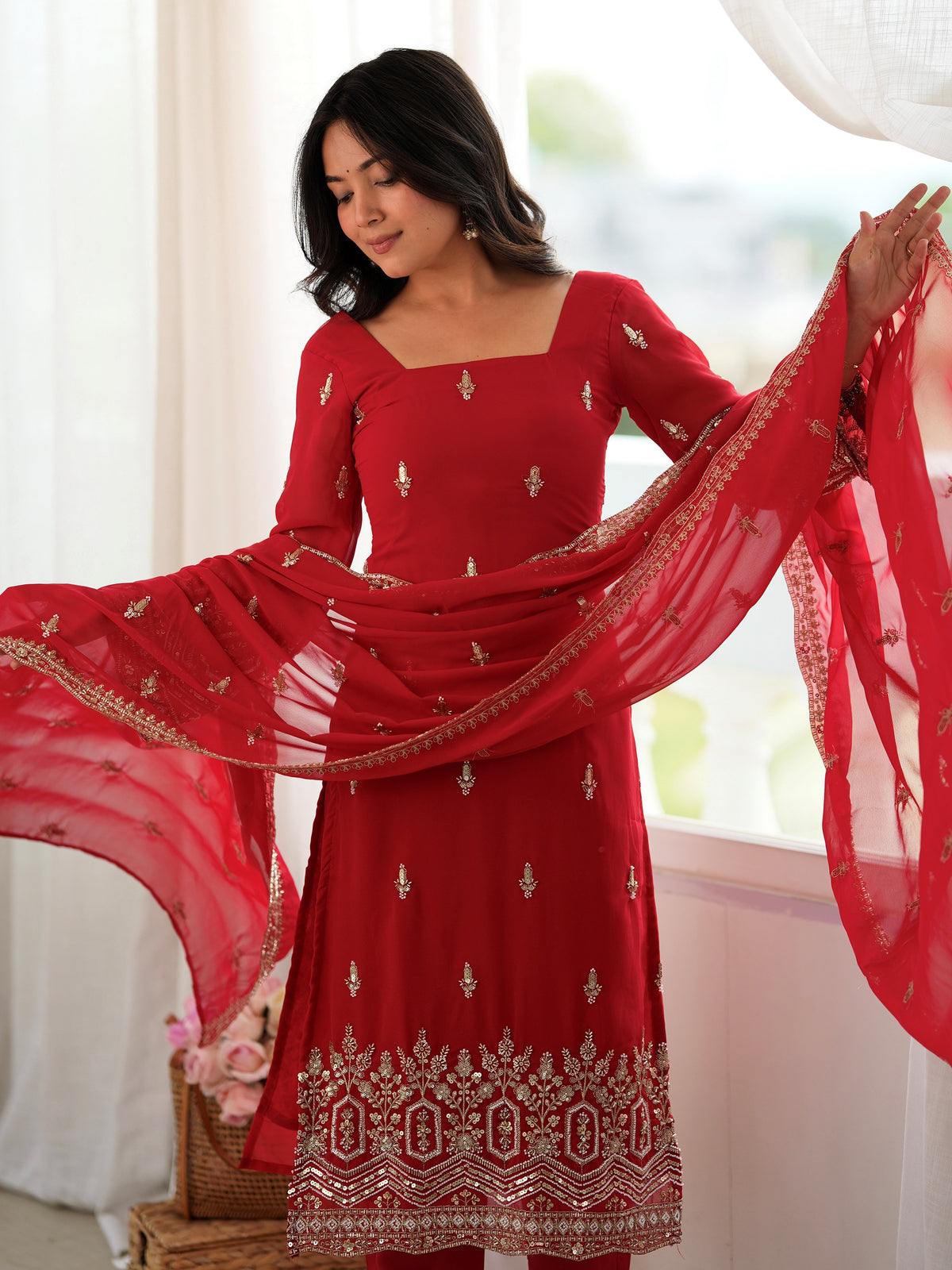 Gorgeous Red Beads Work Georgette Wedding Wear Salwar Kameez