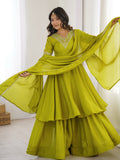 Amazing Olive Green Embroidered Chinon Festive Wear Palazzo Suit