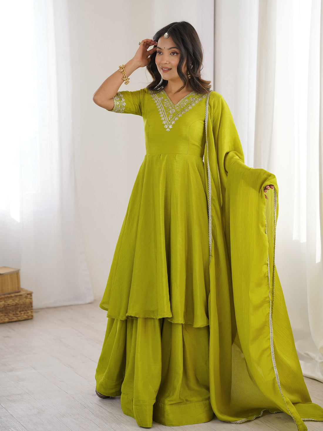 Amazing Olive Green Embroidered Chinon Festive Wear Palazzo Suit