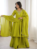 Amazing Olive Green Embroidered Chinon Festive Wear Palazzo Suit