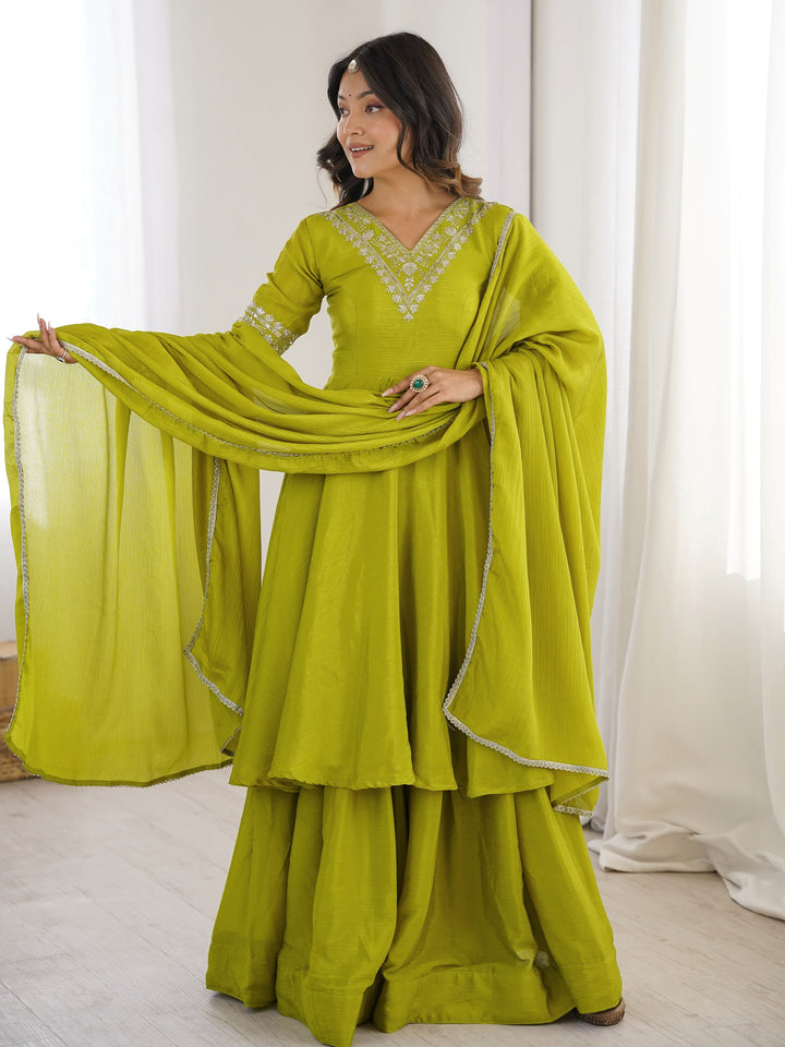 Amazing Olive Green Embroidered Chinon Festive Wear Palazzo Suit