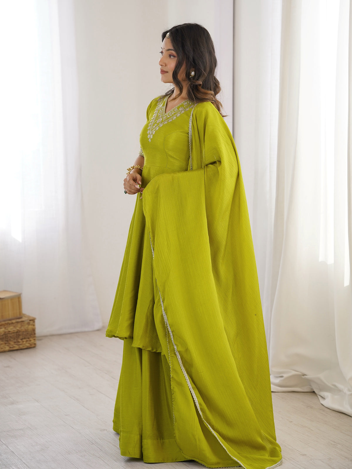 Amazing Olive Green Embroidered Chinon Festive Wear Palazzo Suit