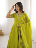 Amazing Olive Green Embroidered Chinon Festive Wear Palazzo Suit