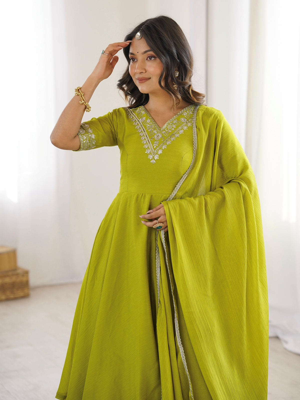Amazing Olive Green Embroidered Chinon Festive Wear Palazzo Suit