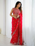 Attractive Red Sequins Work Chiffon Festival Wear Saree With Blouse