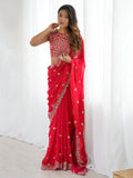 Attractive Red Sequins Work Chiffon Festival Wear Saree With Blouse