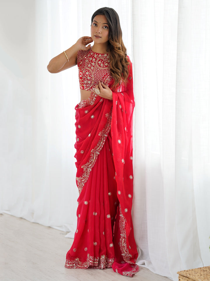 Attractive Red Sequins Work Chiffon Festival Wear Saree With Blouse
