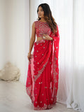 Attractive Red Sequins Work Chiffon Festival Wear Saree With Blouse