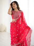 Attractive Red Sequins Work Chiffon Festival Wear Saree With Blouse