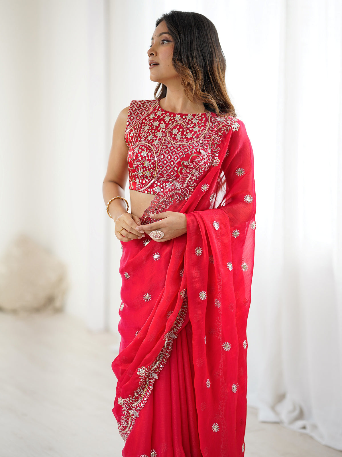 Attractive Red Sequins Work Chiffon Festival Wear Saree With Blouse