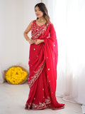 Fascinating Red Thread Embroidered Silk Wedding Wear Saree
