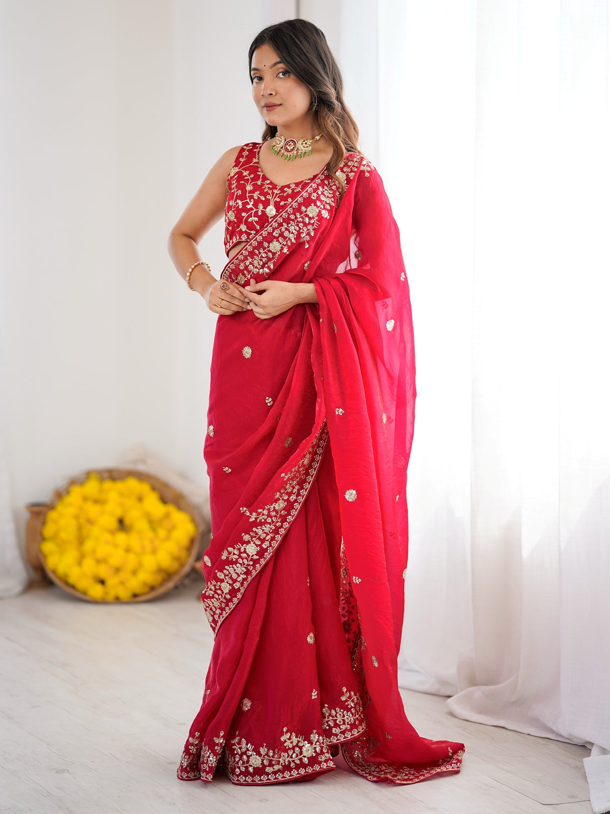 Fascinating Red Thread Embroidered Silk Wedding Wear Saree