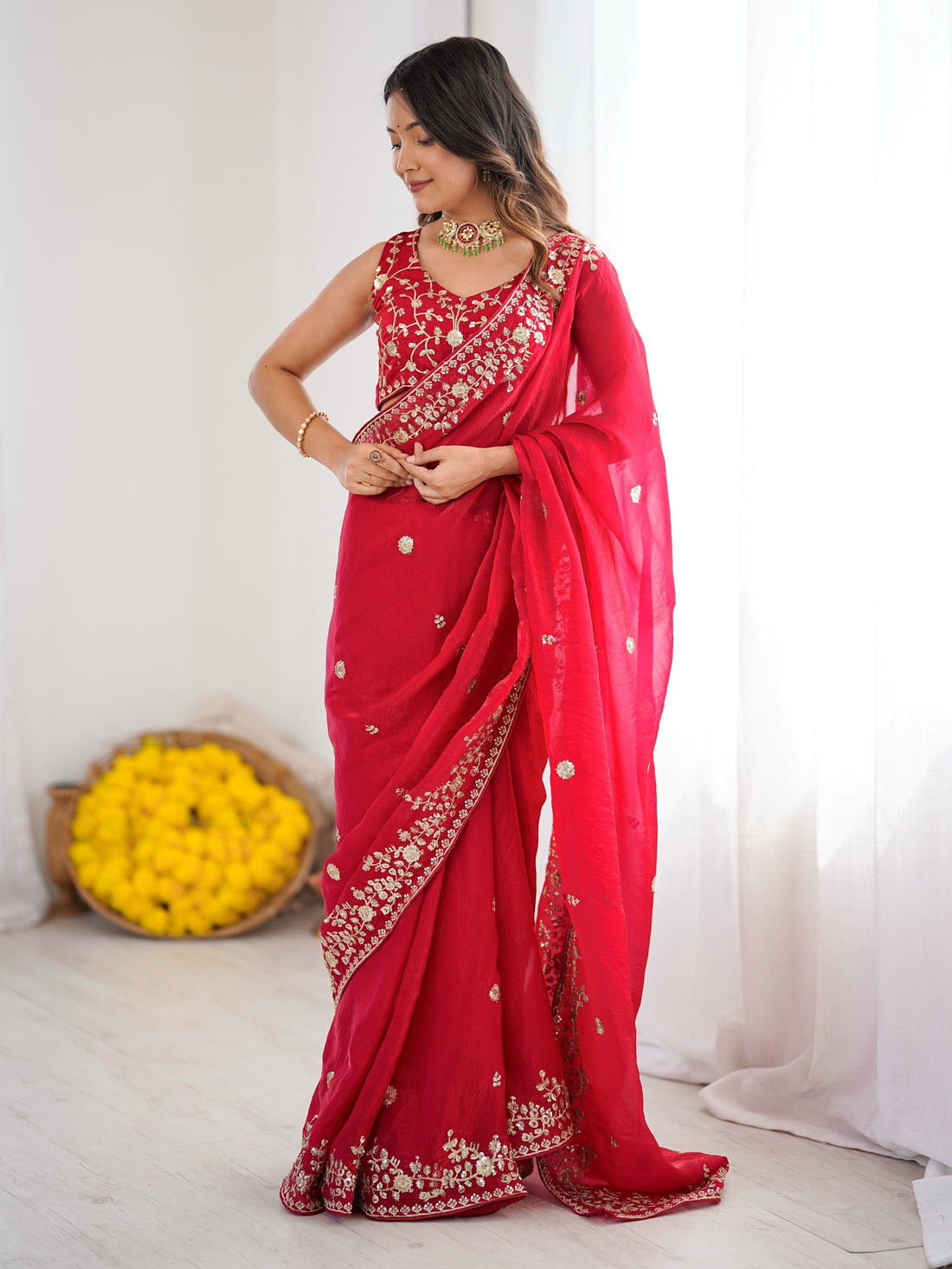 Fascinating Red Thread Embroidered Silk Wedding Wear Saree