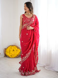 Fascinating Red Thread Embroidered Silk Wedding Wear Saree