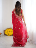 Fascinating Red Thread Embroidered Silk Wedding Wear Saree